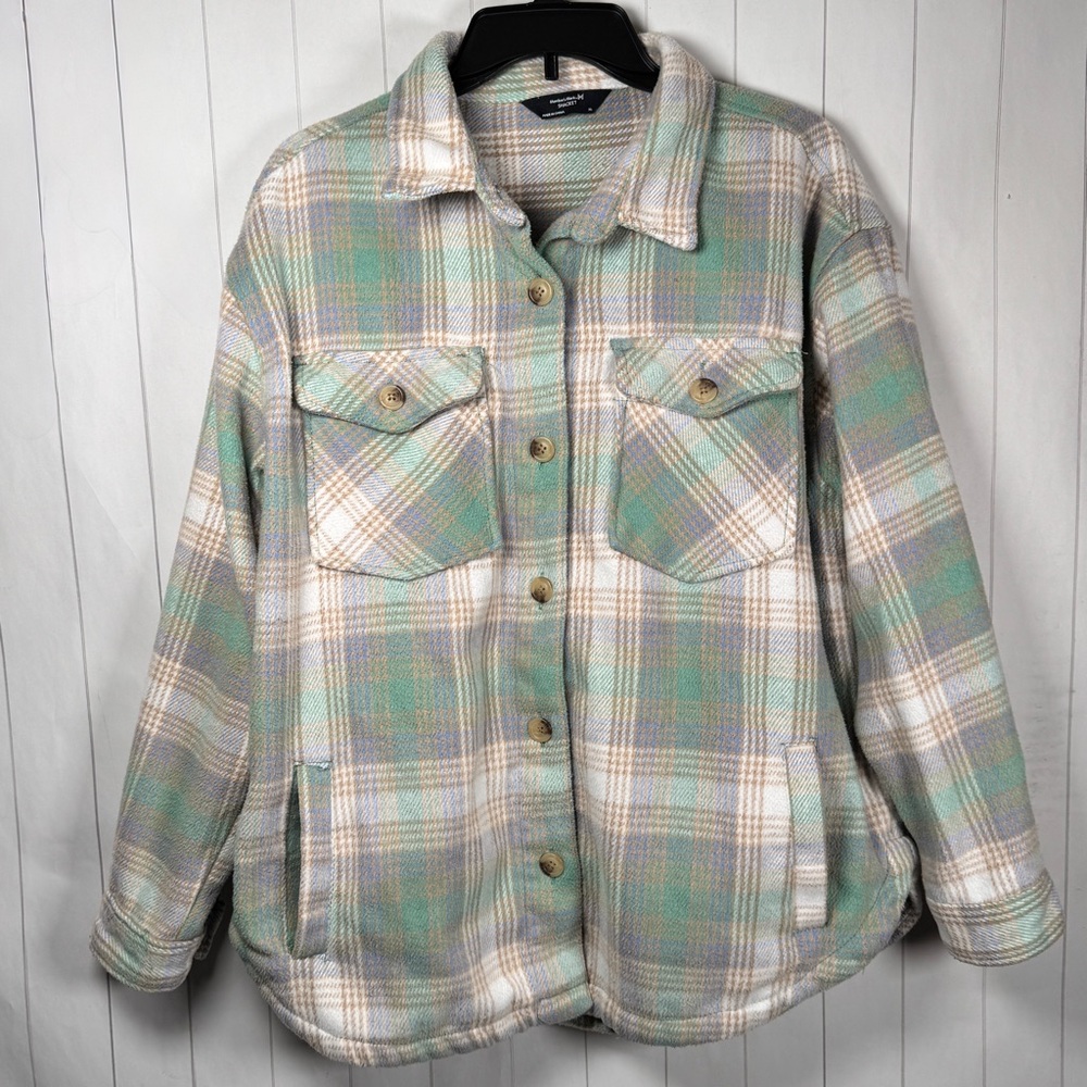 Members Mark Light Green Plaid Shacket Button Flannel Warm Jacket Outdoorsy XL